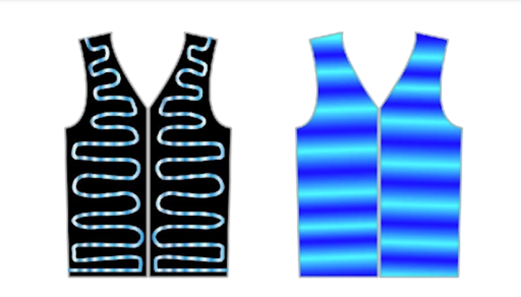 右に面水服構造、左に一般的な商品の内部ポンプの流れの違いがわかる画像